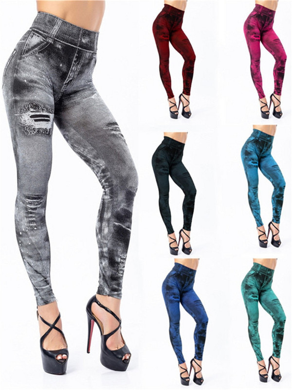 VISNXGI Секси имитация на дънки Клинове с висока талия Безшевни панталони за йога Фитнес облекло Push Up Фитнес тренировка Печатна дупка Skinny Hot