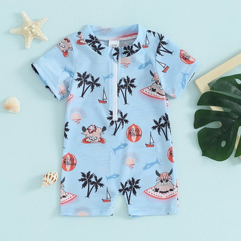 0-3T ново бебе момче Слънцезащитно плажно облекло Летни бикини Бански костюм с къси ръкави Дървесна риба и принт на кокосово дърво
