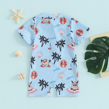 0-3T ново бебе момче Слънцезащитно плажно облекло Летни бикини Бански костюм с къси ръкави Дървесна риба и принт на кокосово дърво