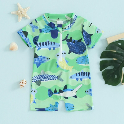 0-3T új baba fiú napvédő strandruha, rövid ujjú fa hal és kókuszfa mintás jumpsuit nyári bikini fürdőruha