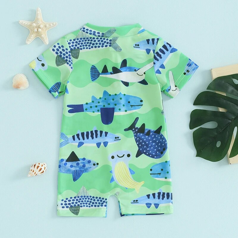 0-3T jauns bērnu zēnu saules aizsardzības pludmales tērps ar īsām piedurknēm koku zivs un kokosriekstu koku apdrukas kombinezons vasaras bikini peldkostīms