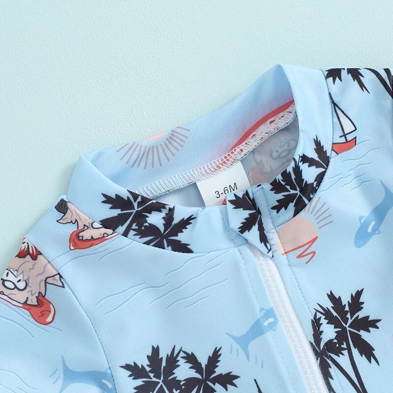 0-3T jauns bērnu zēnu saules aizsardzības pludmales tērps ar īsām piedurknēm koku zivs un kokosriekstu koku apdrukas kombinezons vasaras bikini peldkostīms