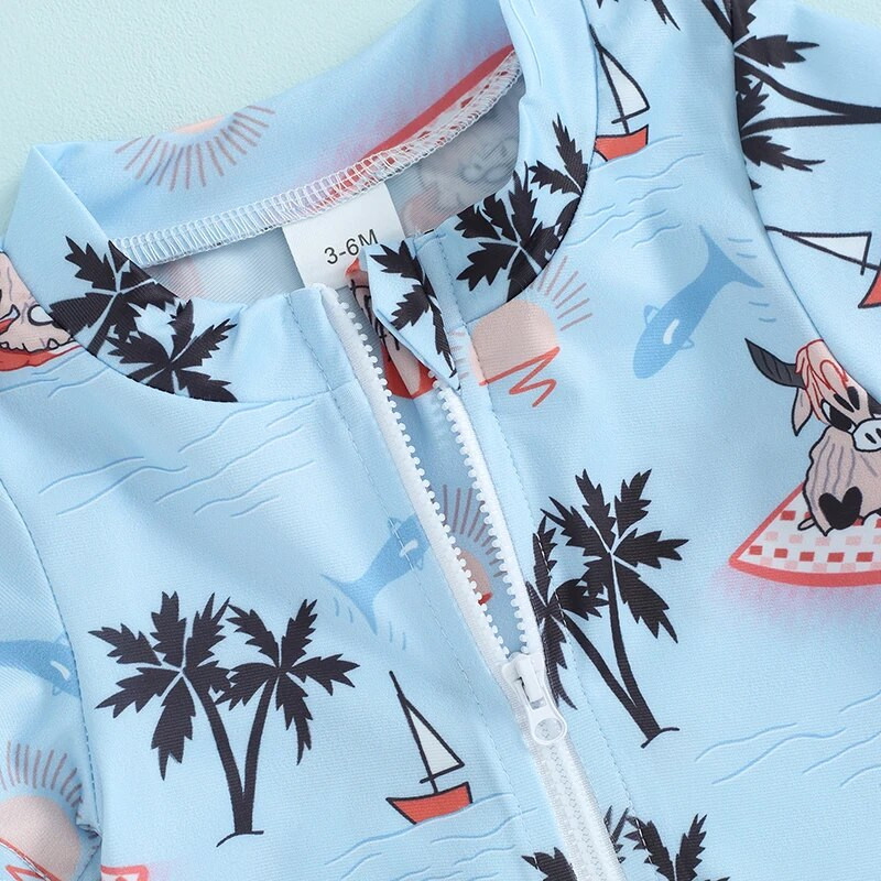 0-3T jauns bērnu zēnu saules aizsardzības pludmales tērps ar īsām piedurknēm koku zivs un kokosriekstu koku apdrukas kombinezons vasaras bikini peldkostīms