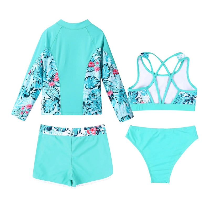 4 τμχ Παιδικά σετ μαγιό για κορίτσια Μακρυμάνικο Rash Guard Zip Up Μπλουζάκι + Crop Tank Top+Σλιπ+Σορτς Μαγιό Μαγιό παραλίας
