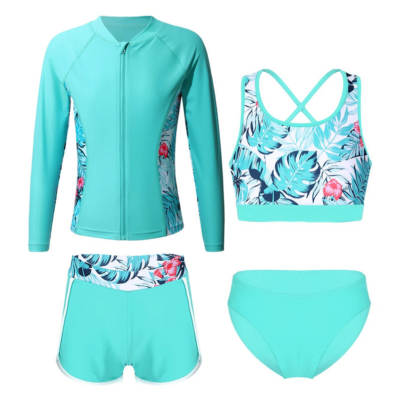 4 τμχ Παιδικά σετ μαγιό για κορίτσια Μακρυμάνικο Rash Guard Zip Up Μπλουζάκι + Crop Tank Top+Σλιπ+Σορτς Μαγιό Μαγιό παραλίας