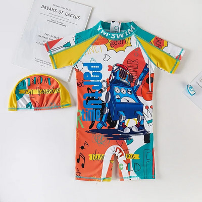 Mazuļu peldkostīms viendaļīgs peldkostīms zēnam ar saules vāciņu UPF50 UV aizsardzībai ar garām piedurknēm dinozauru bērnu peldkostīmi maziem bērniem