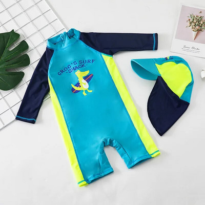 Costum de baie pentru bebeluși Costum de baie dintr-o bucată pentru băiat cu șapcă de soare UPF50 Protecție UV cu mânecă lungă pentru copii, dinozaur, pentru copii mici
