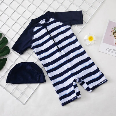 Mazuļu peldkostīms viendaļīgs peldkostīms zēnam ar saules vāciņu UPF50 UV aizsardzībai ar garām piedurknēm dinozauru bērnu peldkostīmi maziem bērniem