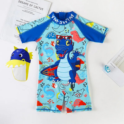 Costum de baie pentru bebeluși Costum de baie dintr-o bucată pentru băiat cu șapcă de soare UPF50 Protecție UV cu mânecă lungă pentru copii, dinozaur, pentru copii mici