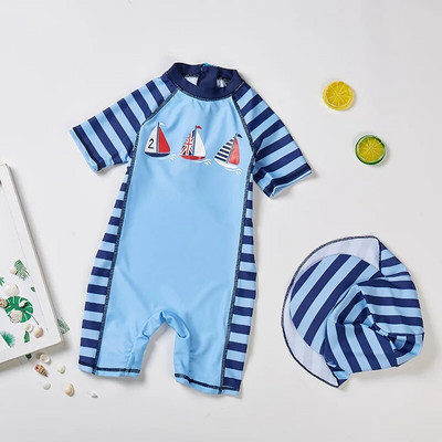 Mazuļu peldkostīms viendaļīgs peldkostīms zēnam ar saules vāciņu UPF50 UV aizsardzībai ar garām piedurknēm dinozauru bērnu peldkostīmi maziem bērniem