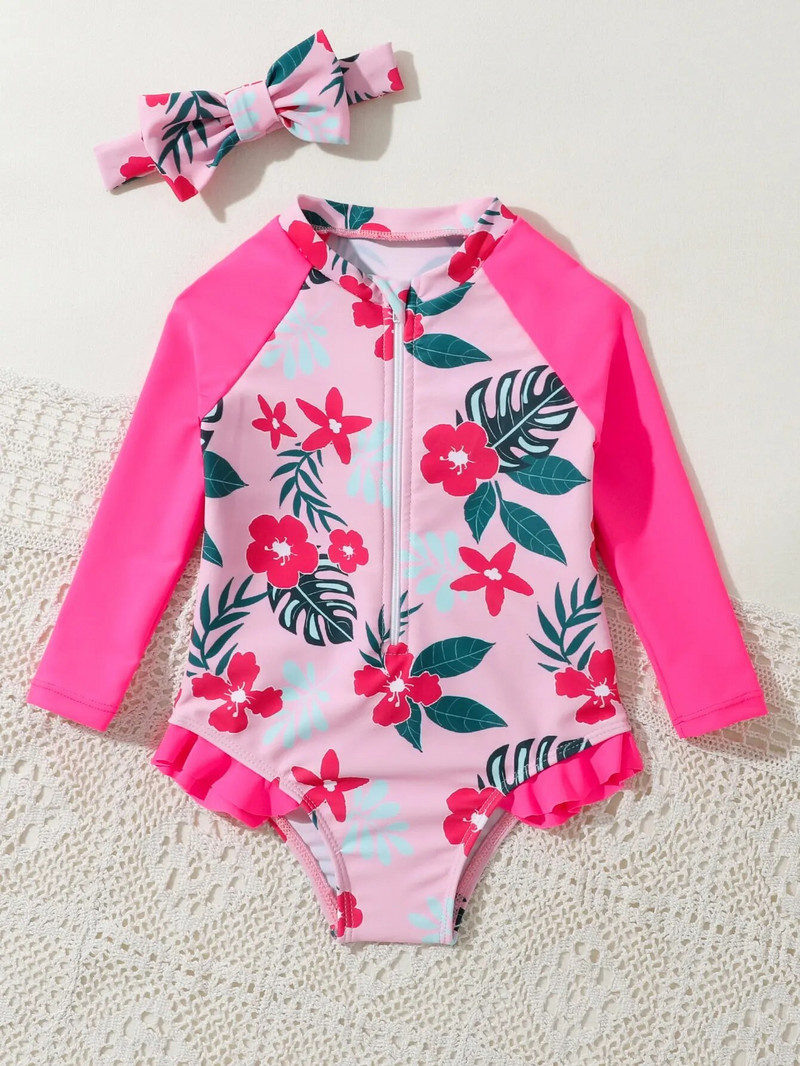 Vasaras meiteņu peldkostīmi ar apdruku, 2023. gada bērnu sauļošanās krēms ar garām piedurknēm, viengabala peldkostīmi, bikini komplekti, toddler Holiday Beach Wear s1011