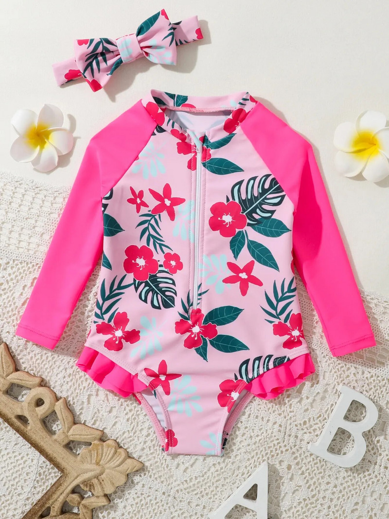 Vasaras meiteņu peldkostīmi ar apdruku, 2023. gada bērnu sauļošanās krēms ar garām piedurknēm, viengabala peldkostīmi, bikini komplekti, toddler Holiday Beach Wear s1011