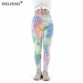 INDJXND női leggings Fitness Push Up nyakkendő-festett graffiti edzőterem légáteresztő szexi magas derekú edzés kötött poliészter bokáig