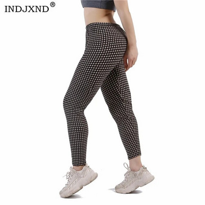 INDJXND Women Leggings Grid Print Exercise Fitness High Elasticity Plaid Push Up Legging Female Sexy Trousers Ankle Length Pants