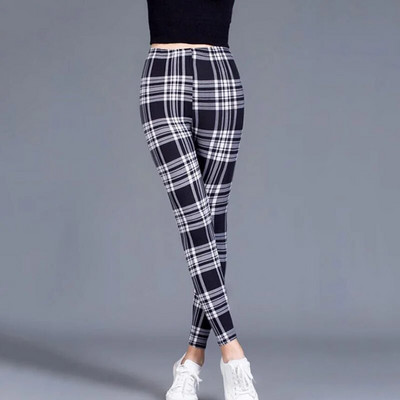 INDJXND Black White Plaid Moteriški antblauzdžiai Madingi Plaidai Spaudiniai Antblauzdžiai Fitness Leggins Grid Gėlėtos juostelės Kelnės aukštu juosmeniu