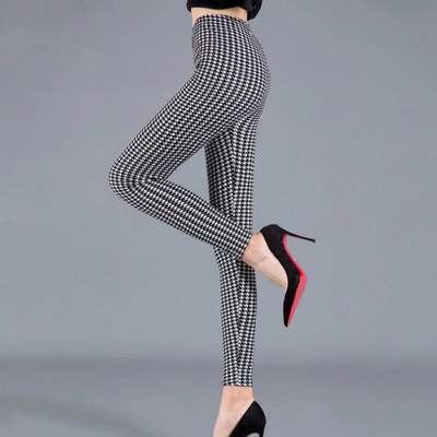 INDJXND Black White Plaid Moteriški antblauzdžiai Madingi Plaidai Spaudiniai Antblauzdžiai Fitness Leggins Grid Gėlėtos juostelės Kelnės aukštu juosmeniu