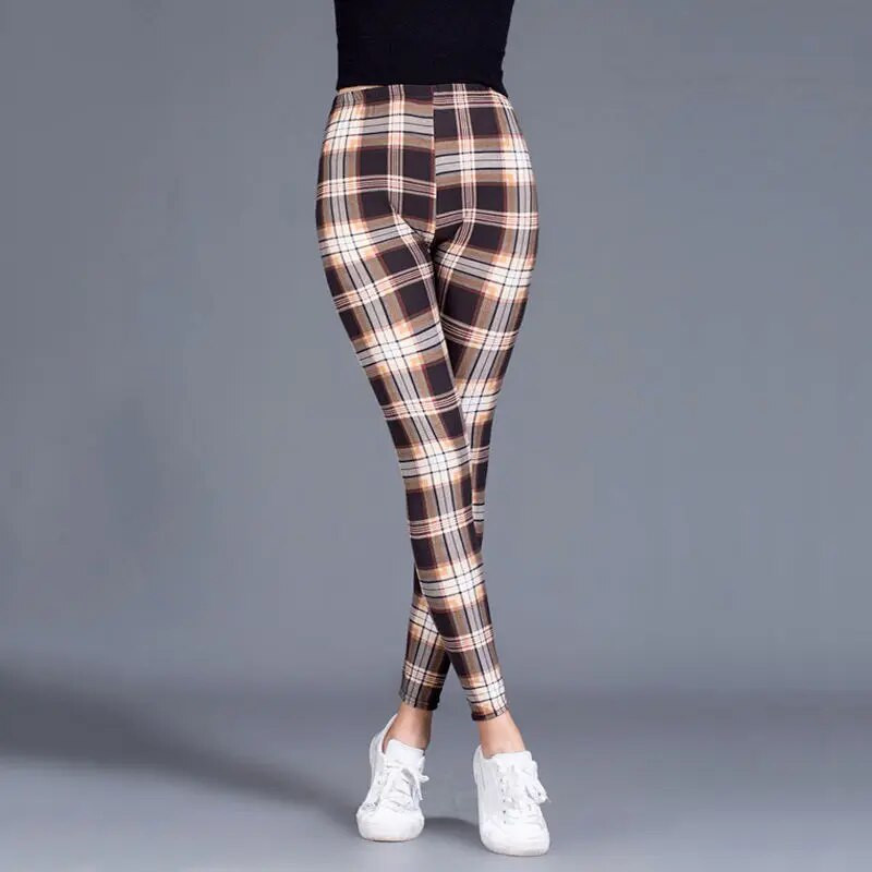 INDJXND Black White Plaid Moteriški antblauzdžiai Madingi Plaidai Spaudiniai Antblauzdžiai Fitness Leggins Grid Gėlėtos juostelės Kelnės aukštu juosmeniu
