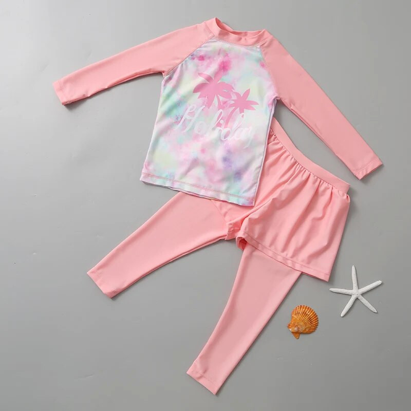 2023 нови дрехи за момичета с дълги ръкави дълги панталони плажен слънцезащитен крем бързосъхнещ бански за средни и по-големи деца разделени бански костюми