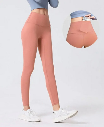 Спортни клинове Дамски безшевни панталони за йога, джоб с висока талия, без предно усещане за голи клинове, фитнес, фитнес, чорапогащи, дамски дрехи