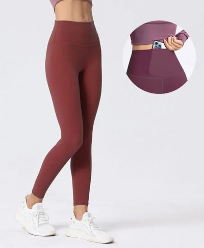 Спортни клинове Дамски безшевни панталони за йога, джоб с висока талия, без предно усещане за голи клинове, фитнес, фитнес, чорапогащи, дамски дрехи