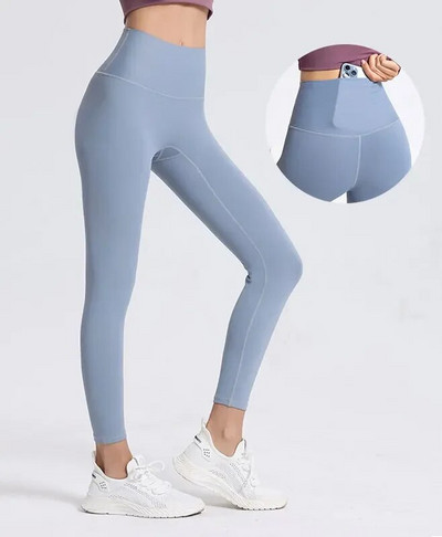 Спортни клинове Дамски безшевни панталони за йога, джоб с висока талия, без предно усещане за голи клинове, фитнес, фитнес, чорапогащи, дамски дрехи