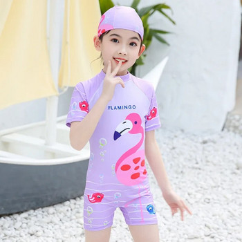 Бързо боядисани дишащи бански костюми за момичета от 4 до 14 години Модни анимационни щампи Сладък бански костюм с къс ръкав Рашгард шапка