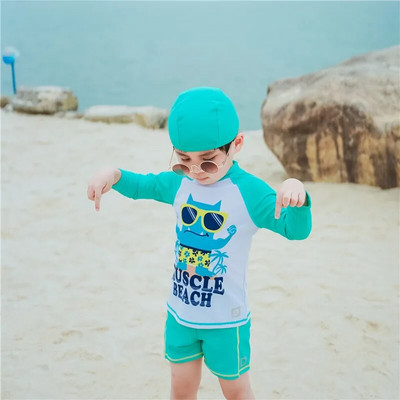 Bērnu peldkostīms peldbaseins Pludmales apģērbs UV aizsardzība zēniem peldkostīmi ar garām piedurknēm viendaļīgs kombinezons bērnu peldkostīms