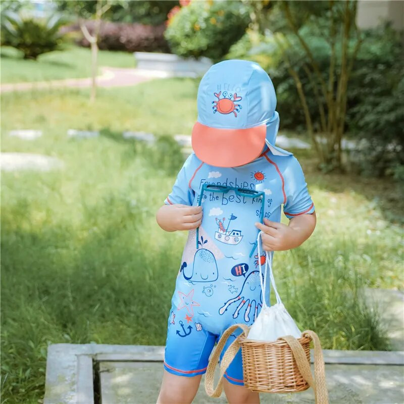 Bērnu peldkostīms peldbaseins Pludmales apģērbs UV aizsardzība zēniem peldkostīmi ar garām piedurknēm viendaļīgs kombinezons bērnu peldkostīms