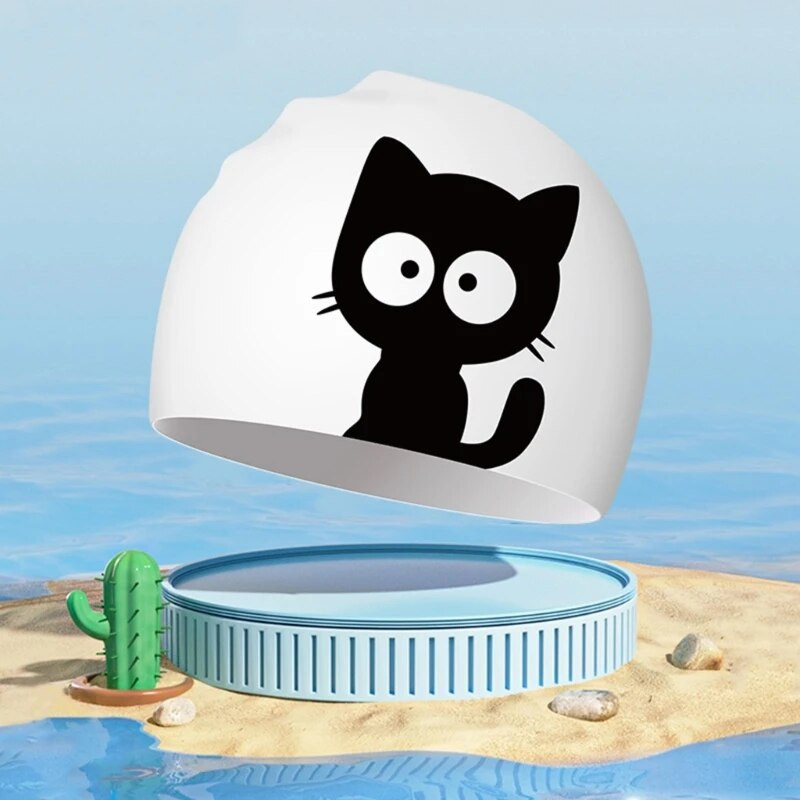 Удебелена анимационна котешка шапка за плуване Еластична силиконова водоустойчива дълга коса Ушите защитават личността Шапки за плуване за жени Момичета