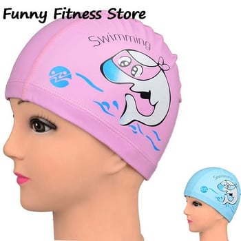 Водоустойчива шапка за плуване Момчета Момичета Защита на ушите Оборудване за гмуркане Детска шапка за плуване Карикатура Делфин Покривало за коса Детски силиконови шапки
