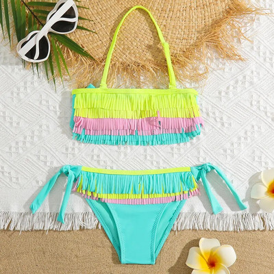 Lányok Patchwork Fringe bikini fürdőruha gyerek kötőfék felső kétrészes gyerek fürdőruha 5-12 éves nyakkendős oldalsó fürdőruha Strandruha