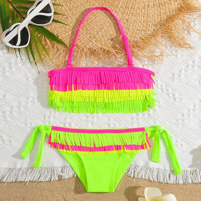 Lányok Patchwork Fringe bikini fürdőruha gyerek kötőfék felső kétrészes gyerek fürdőruha 5-12 éves nyakkendős oldalsó fürdőruha Strandruha