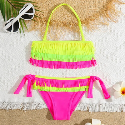 Lányok Patchwork Fringe bikini fürdőruha gyerek kötőfék felső kétrészes gyerek fürdőruha 5-12 éves nyakkendős oldalsó fürdőruha Strandruha