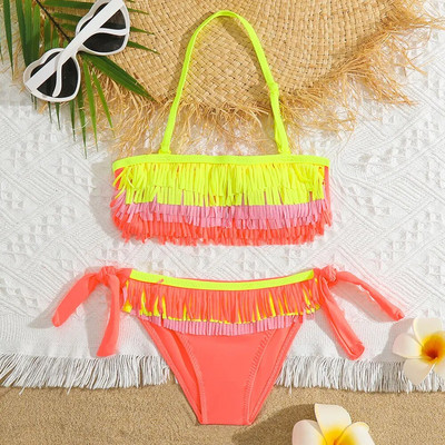 Lányok Patchwork Fringe bikini fürdőruha gyerek kötőfék felső kétrészes gyerek fürdőruha 5-12 éves nyakkendős oldalsó fürdőruha Strandruha
