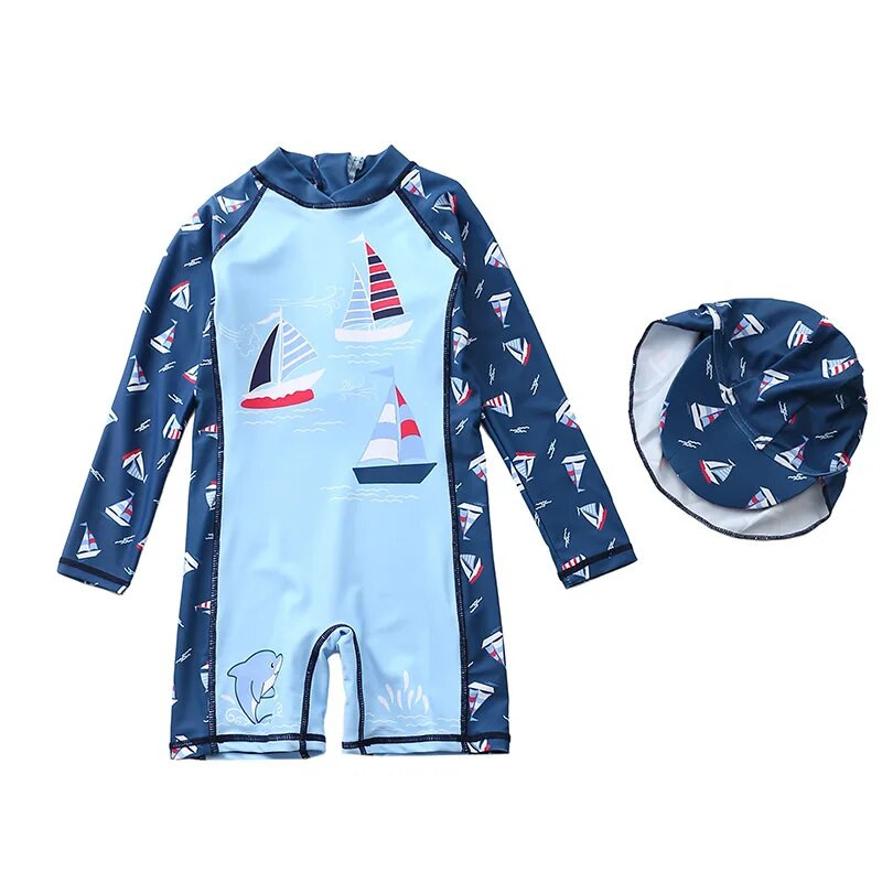 Peldkostīms zēnam, viengabalains peldkostīms ar garām piedurknēm, bērnu dinozauru kombinezoni, bērnu peldkostīmi zēniem pludmales zīdaiņu peldkostīmi