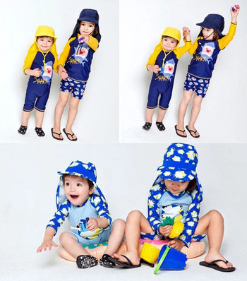 Детски бански костюми за момчета и момичета Бански костюми от 2 бр. (тениска + багажник) Слънцезащитен крем с дълги ръкави, бързосъхнещ топъл комплект за момче