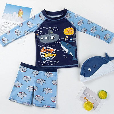 Fürdőruha Fiú Shark Print Rash Guard Gyermek hosszú ujjú UPF50 Úszóruha fiúknak Nyári Strandruhák Fürdőruha Gyerekek