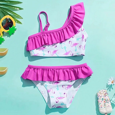 Ruffle Trim Meiteņu peldkostīms 5–14 gadus veciem bērniem, flamingo meitenes bikini komplekts pusaudžiem, divdaļīgs bērnu peldkostīms, peldkostīms, pludmales apģērbs 2022
