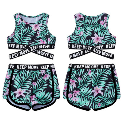 Dvodijelni kupaći kostim za djevojčice Dvodijelni kupaći kostim Okrugli izrez bez rukava s križnim pojasom Skraćene majice i kratke hlače Komplet kupaćih kostima Odjeća