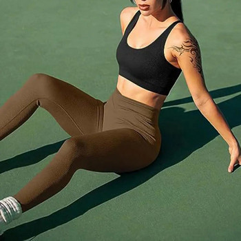 Дамски йога клинове с оребрен модел Дълги панталони с висока талия Безшевни атлетични тренировъчни клинове Спортни упражнения Ежедневни панталони