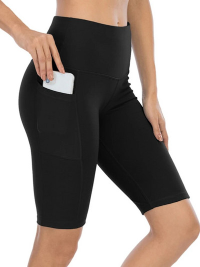 Women Short Fitness Leggings Summer Polyester Pockets Gym Leggins Hot Sale Sports Yoga Pants High Waist Elastic
