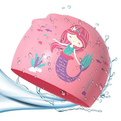 Cască de înot din țesătură elastică pentru copii, desen animat drăguț pentru păr lung, copii minunați protejează urechile, pălărie de piscină pentru băieți și fete