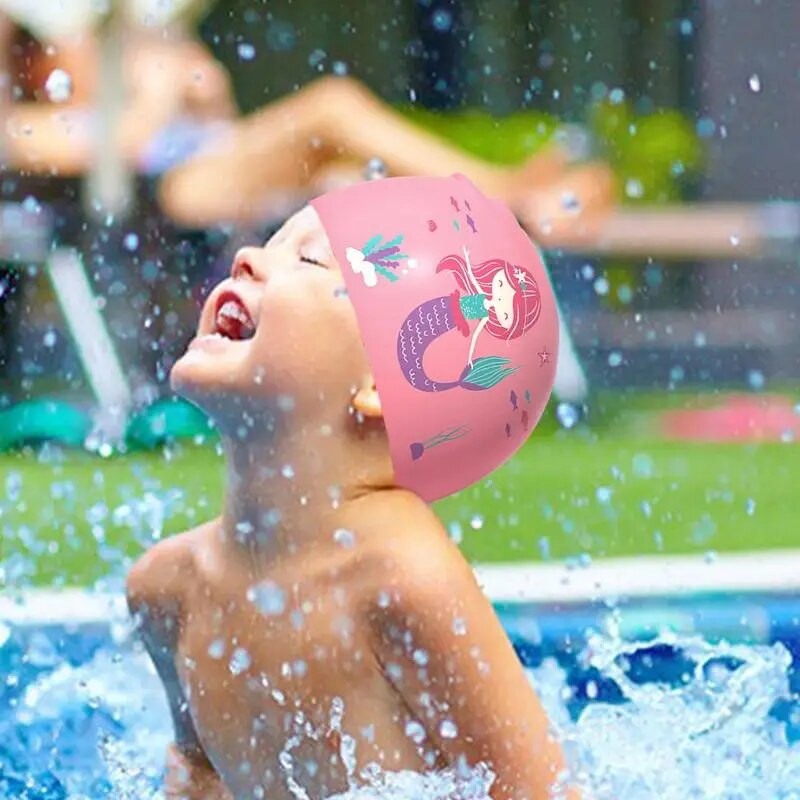 Elastīga auduma peldcepure bērniem, jauka multfilma gariem matiem, jauki bērni aizsargā ausis, peldbaseina cepure zēniem un meitenēm