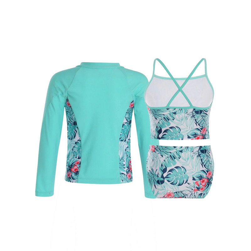 Dvodijelni kupaći kostim za djevojčice od 3 komada, modni bikini tankini s cvjetnim printom, komplet dugih rukava, štitnik za osip