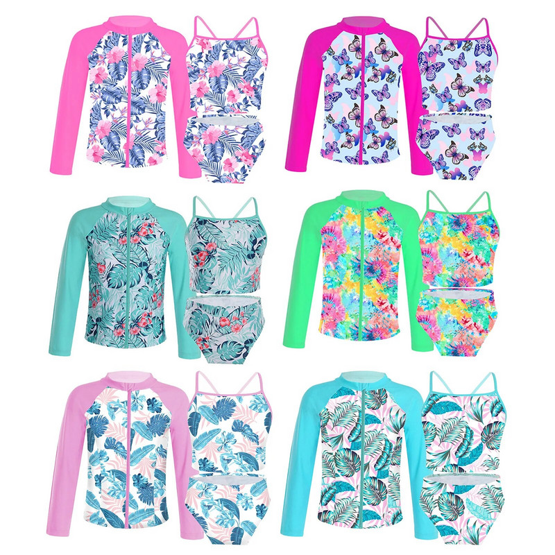 Dvodijelni kupaći kostim za djevojčice od 3 komada, modni bikini tankini s cvjetnim printom, komplet dugih rukava, štitnik za osip
