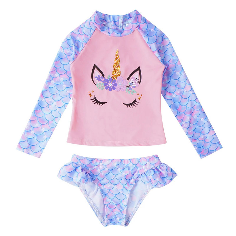 Bērni, meitenes, brazīliešu, 2 gab. peldkostīmi, peldkostīmi, garām piedurknēm, karikatūra zirgu apdruka, topi, bikini, pludmales tērpi, peldkostīmi