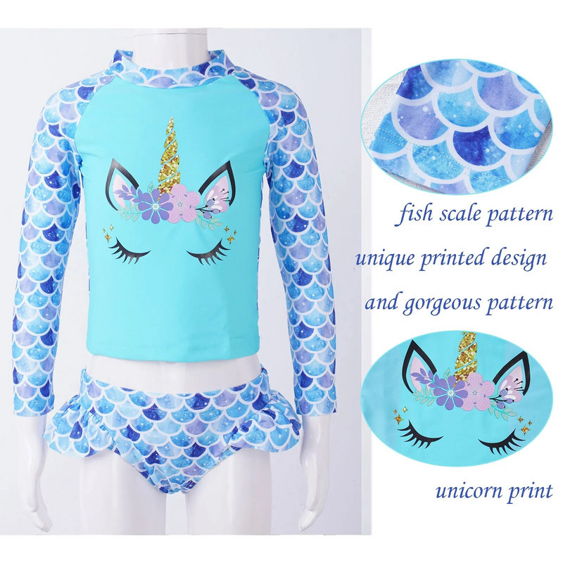 Bērni, meitenes, brazīliešu, 2 gab. peldkostīmi, peldkostīmi, garām piedurknēm, karikatūra zirgu apdruka, topi, bikini, pludmales tērpi, peldkostīmi