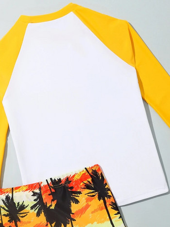 Бански костюм за момче 2023 г. Нов детски бански костюм с графити с кокосово дърво с дълги ръкави Летни детски плажни костюми от 2 части Плувен бански костюм