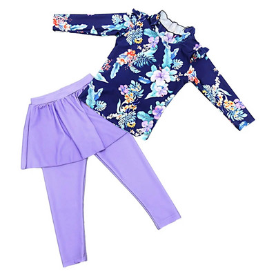 Детски бански костюми за момичета Бански комплекти Комплекти за плажно облекло с щампи на цветя Бански костюм Горнища с дълги ръкави и панталони с пола Рашгард