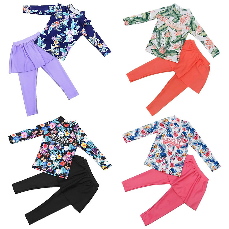 Bērnu meiteņu peldkostīmi peldkostīmi tērpi ar ziediem apdrukāti pludmales apģērbu komplekti peldkostīmi ar garām piedurknēm Topi ar svārkiem biksēm Izsitumu aizsargs